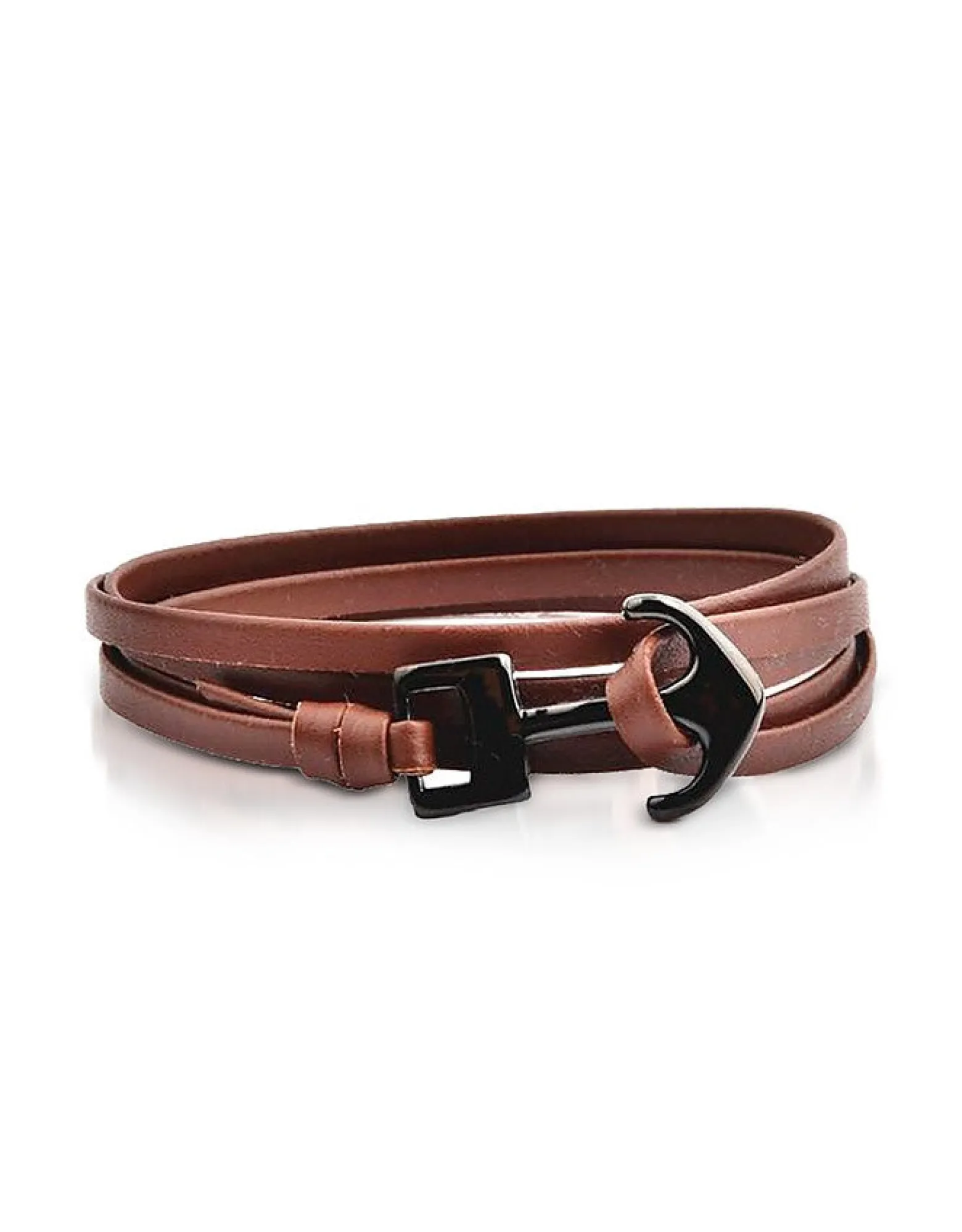 Brown Leather Men's Double Bracelet w/Black Anchor<Forzieri Clearance