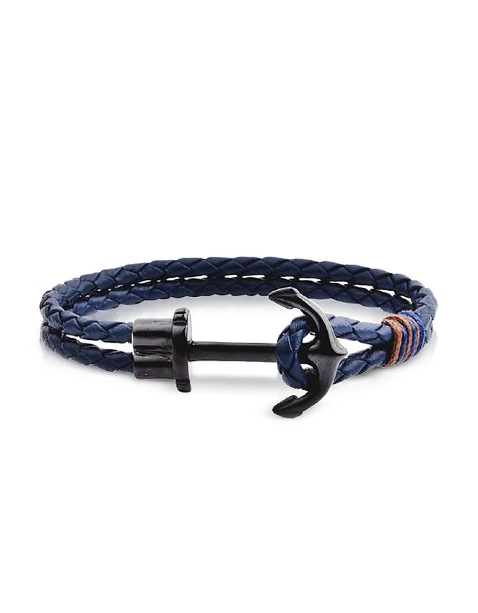 Dark Blue Leather Men's Bracelet w/Black Anchor<Forzieri Cheap