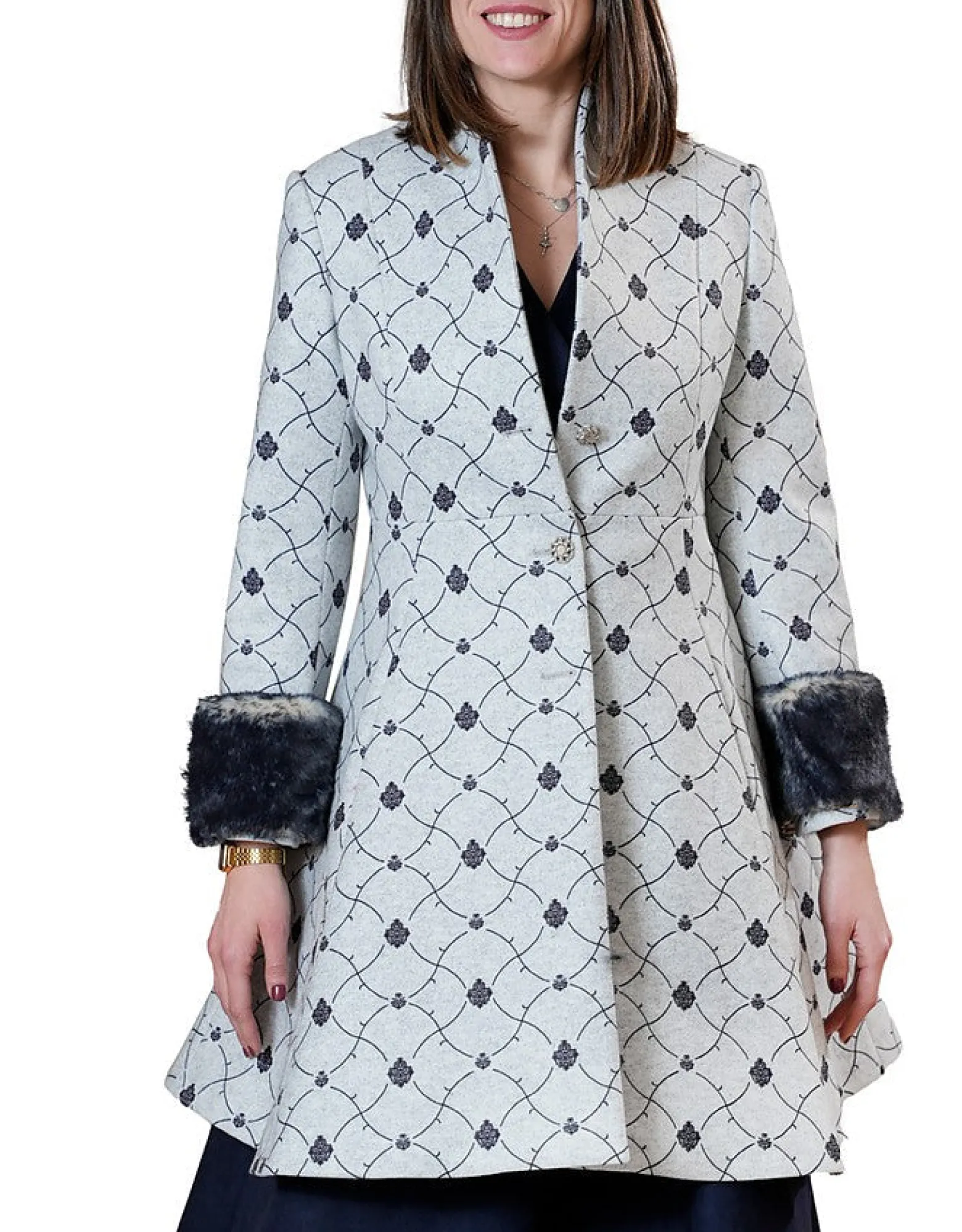 LA FABRIQUE - Mia Dark Blue and Light Grey Flared Coat<Forzieri Store