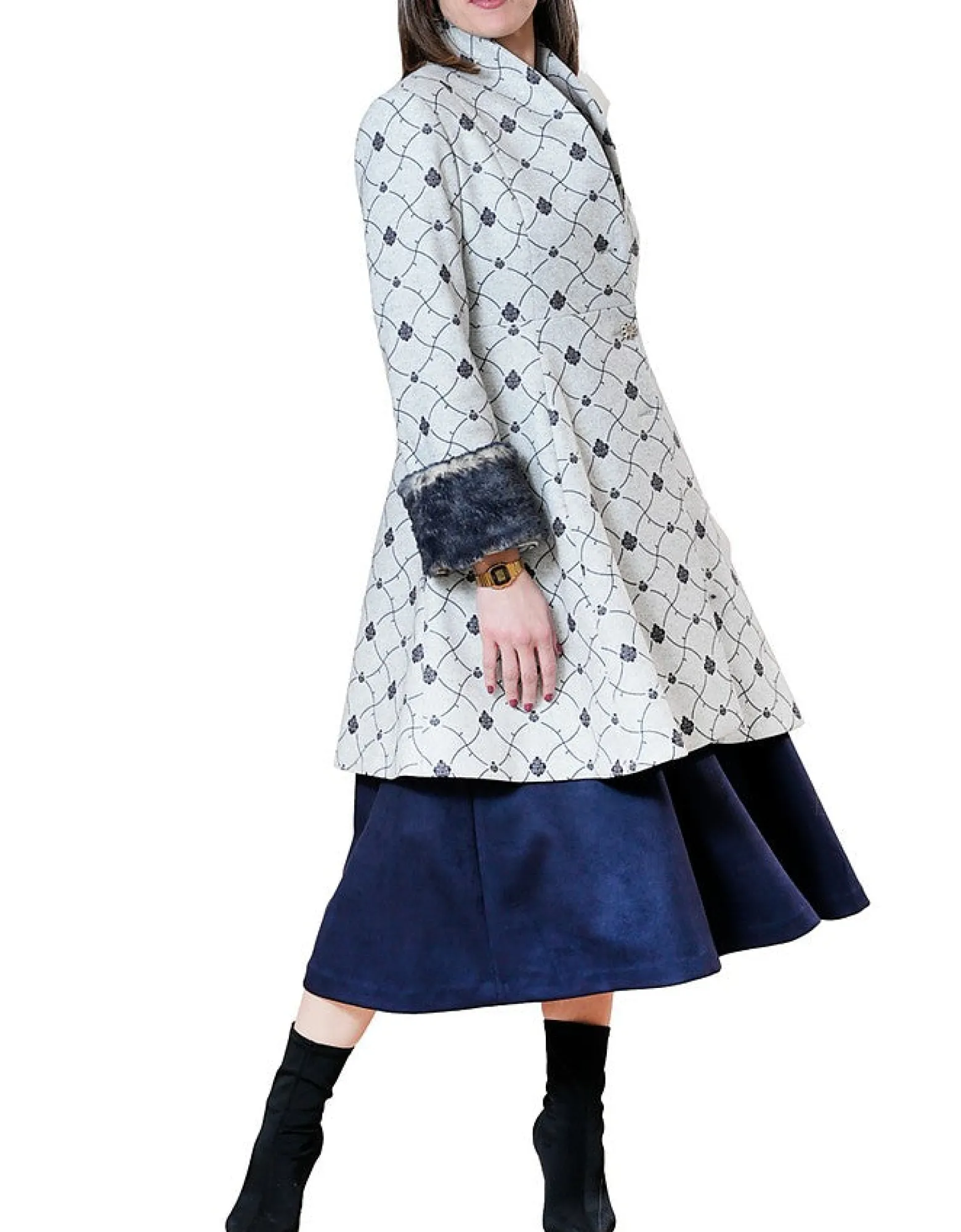 LA FABRIQUE - Mia Dark Blue and Light Grey Flared Coat<Forzieri Store