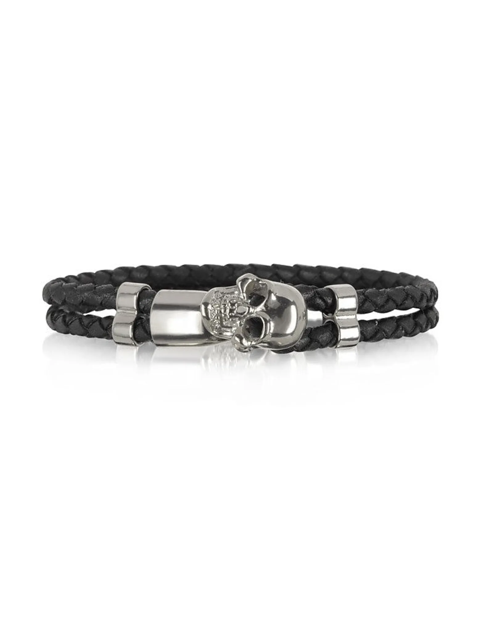 Skull Silver Tone Brass and Leather Men's Bracelet<Forzieri Cheap